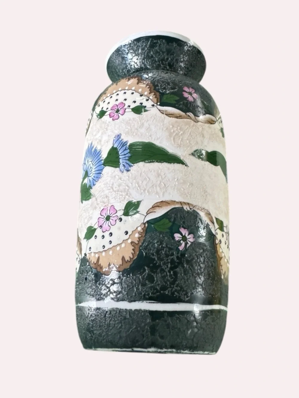 Textured Chinese Floral Vase 9” Tall – Hand-Painted Peony & Crackle Glaze Accent